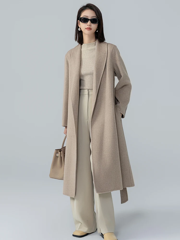 35% 카멜 모직 코트, 녹색 과일 칼라, 길고 심플한 여성 코트, 통근자 코디하기 쉬운 상의, 가을 겨울 신상 