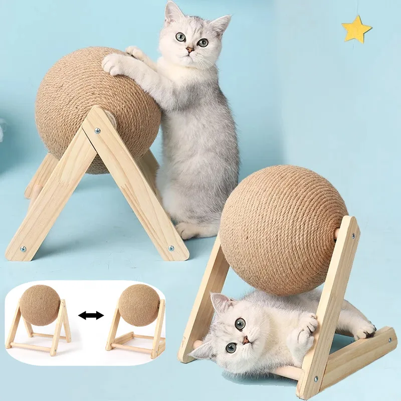 20cm Jouet pour Chat à Boule à gratter, grattoir à Chat en Bois Massif,  Base en Bois Stable et Boule à Rouler en Corde de sisal pour Les Chats Qui