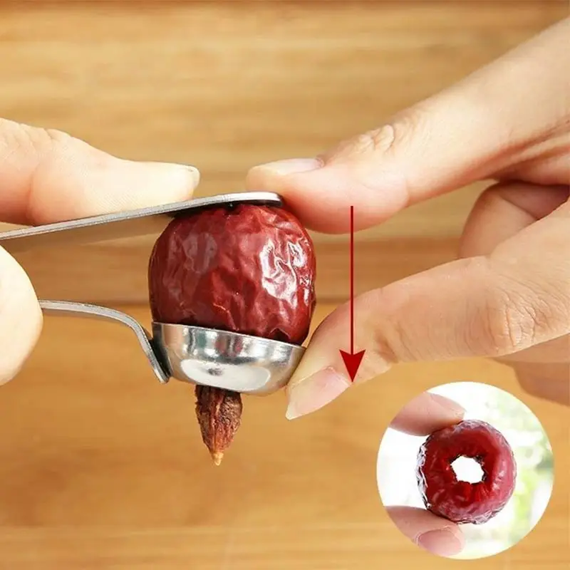 MOONBIFFY 스테인레스 스틸 체리 피터, 긴 손잡이 과일 코어 씨 제거제, 호손 대추 중국 날짜 야채 도구 