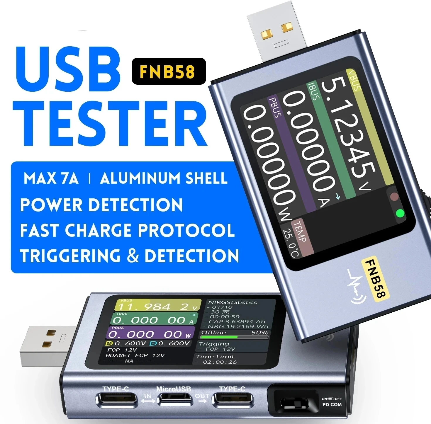 

FNIRSI-FNB58 USB Tester Voltmeter Ammeter TYPE-C Fast Charge Detection Trigger Capacity Measurement Ripple Measurement