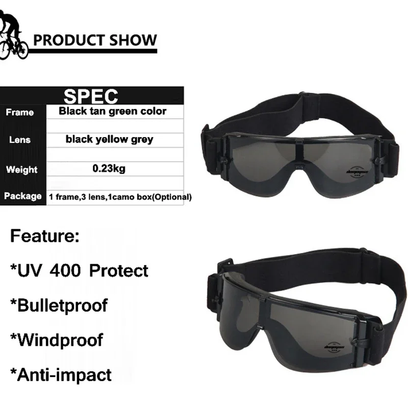 Tactical Goggles with 3 Lenses Paintball Airsoft Hunting Sunglasses Combat Tactical Hiking Glasses