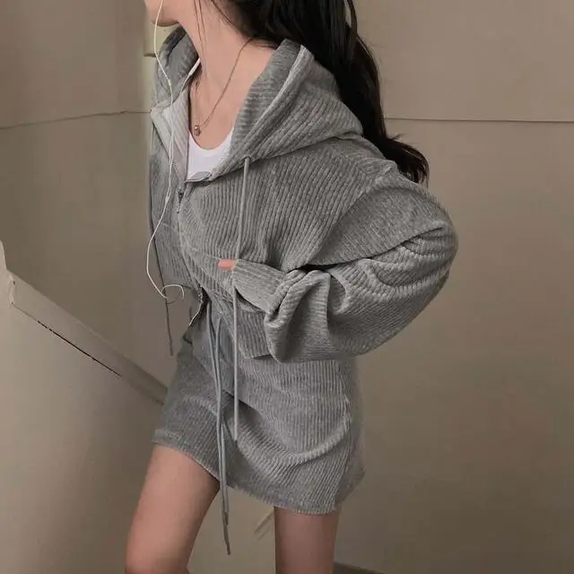 Korean CHic Corduroy Two-piece Skirt Sets Women Hoodie Crop Top Coats Bodycon Mini Skirt Autumn Winter New Outfits Casual Suit