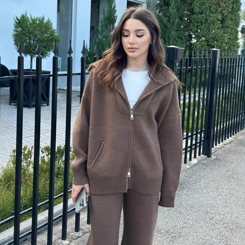 Autumn Winter Fashion Casual Loose Women Two Piece Set Knitted Zipper Long Sleeve Winter Warm Cardigan Coat+Wide Leg Pants Suit 2