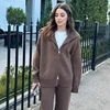 Autumn Winter Fashion Casual Loose Women Two Piece Set Knitted Zipper Long Sleeve Winter Warm Cardigan Coat+Wide Leg Pants Suit 2
