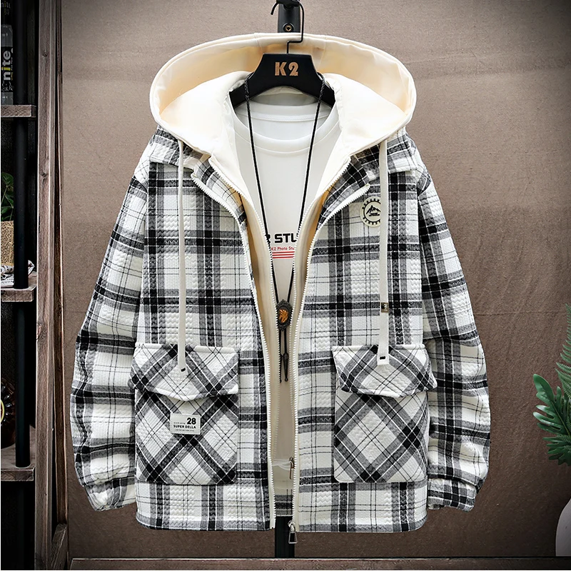 Casual Men's Plaid Cotton Hooded Jackets 2024 Spring Autumn Fashion Loose Checkered Coat Streetwear Top Windproof Hoody Clothing checkerboard plaid jacket women casual streetwear short cotton coats tumblr girls crop top harajuku checkered cropped jackets