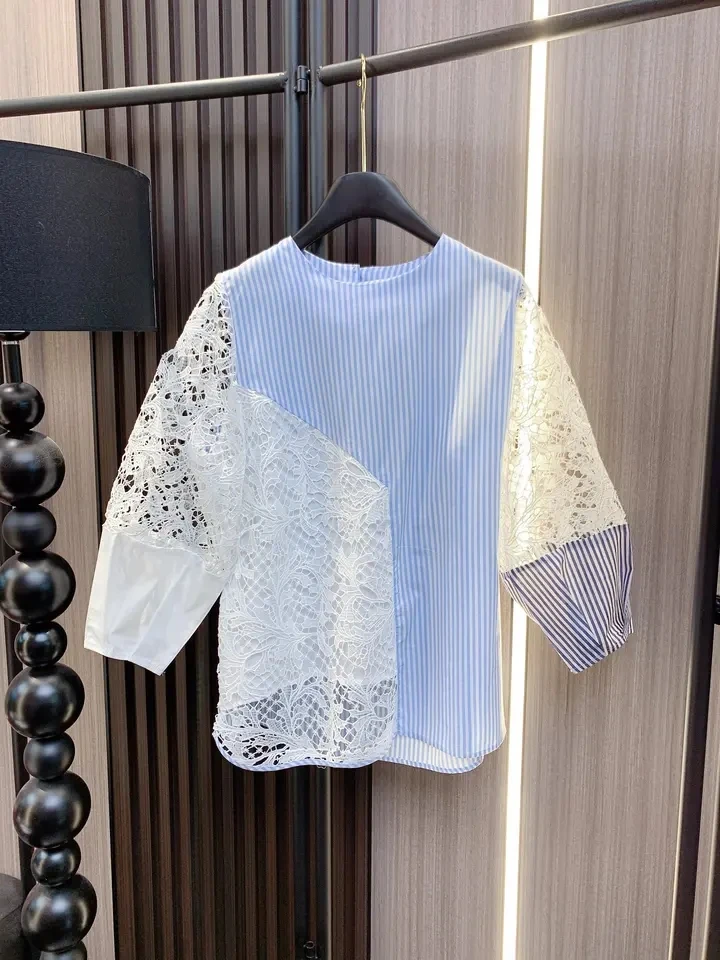 

2024 new women fashion long sleeve sexy casual lace hollow stitching striped shirt
