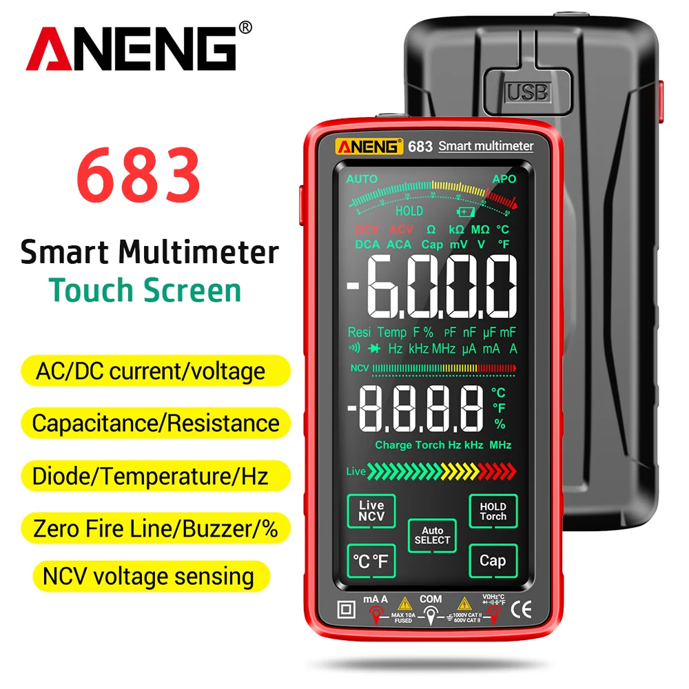 

ANENG 683 Smart Multimeter High-end Touch 6000 Counts Multimetro Test Rechargeable Multitester AC/DC Voltage Tester Current Tool