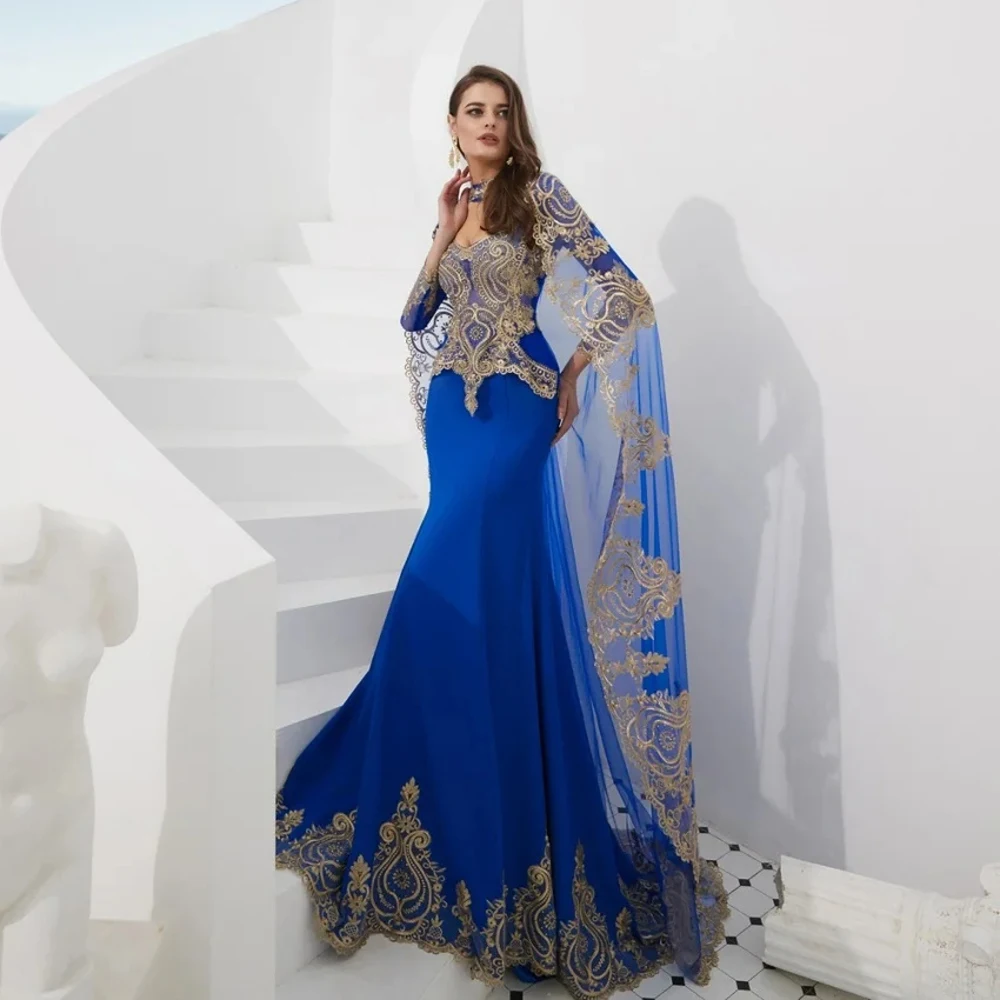 

Женское вечернее платье-русалка, синее платье с вышивкой и длинным рукавом, в мусульманском стиле, для выпускного вечера,