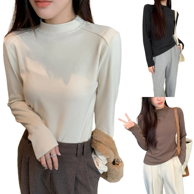 

Женская футболка с длинным рукавом и полуводолазкой, однотонная тонкая майка, теплый топ