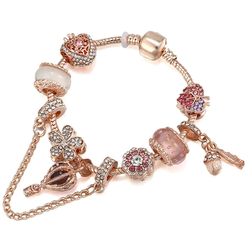 

Rose Color Hot Air Balloon Pendant Bracelet Women Pink Glass Clear CZ Flower Maple Leaf Crown Heart Charms Bangles Beads Jewelry