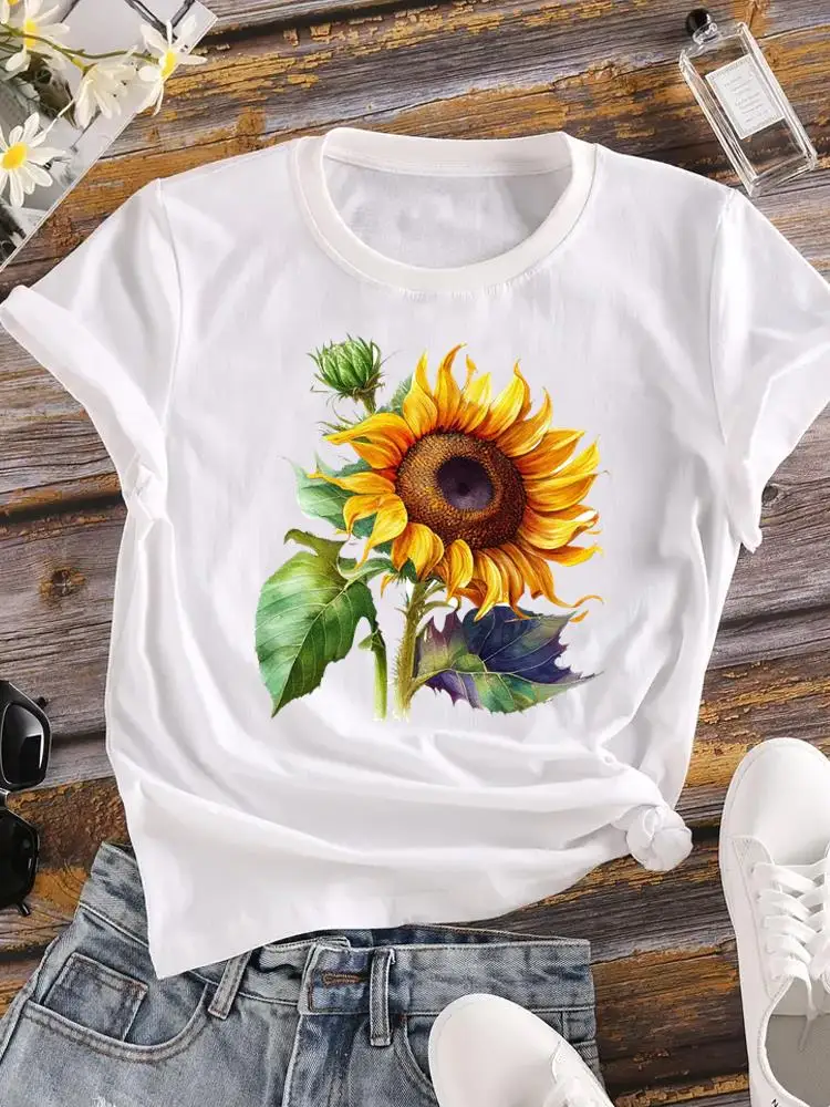 

Fashion O-neck T Shirt Graphic T-shirts Print Flower Lovely Style Trend 90s Cute Short Sleeve Clothing Tee Top Women Clothes