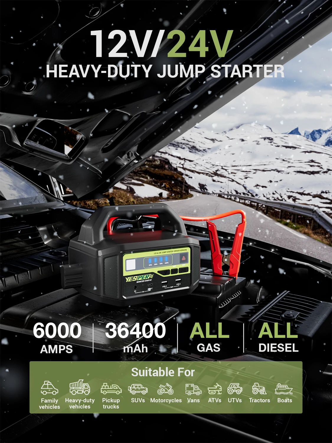 YESPER 24V Jump Car 6000A Peak Jump Starter For car Truck Portable Truck Battery Starting Device External battery