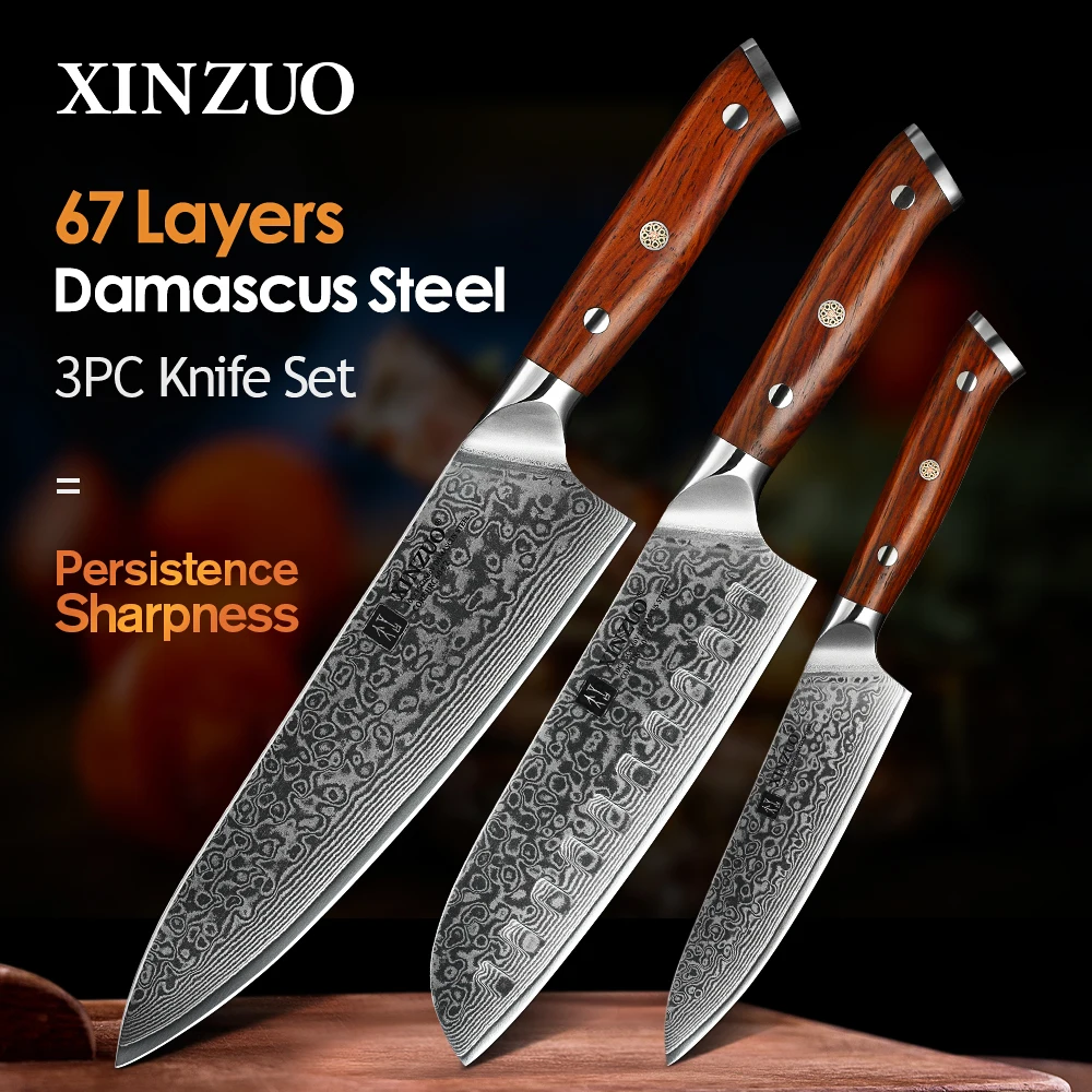2 piece set of Damascus steel BLADE KITCHEN KNIVES/CHEF KNIVES ROSE WOOD HANDLE 
