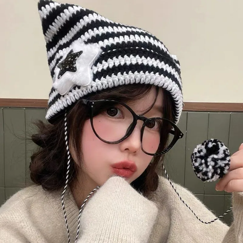 

Y2K Beanie Hat Ins Devil Ear Striped Knitted Wool Cap Autumn Winter Hip-hop Crochet Cute Cat Ears Pointed Pullover Women's Hats