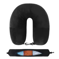 Deluxe Velvet Travel Neck Pillow with Storage Bag and Fillable U - Shaped Design (Black)