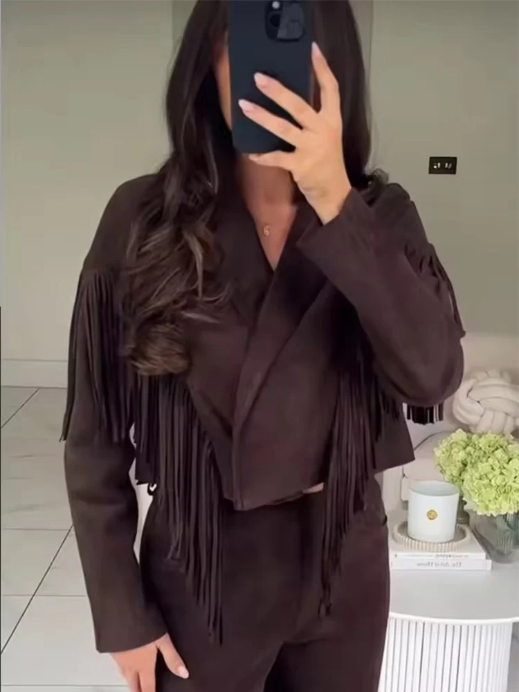 Women Cropped Suede Jacket Elegant Lapel Long Sleeve Tassel Short Coat New Causal Autumn Lady Streetwear Outerwear 2025 ﻿ ﻿