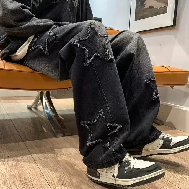 American HIPHOP Star Jeans Men's High Street Trendy Brand Loose Straight Leg Wide Leg Pants Street Trend Versatile Pants 1