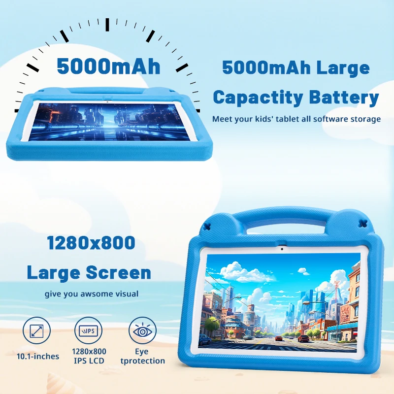 10.1인치 IPS 디스플레이 키즈 태블릿 안드로이드 15 8GB 램 64GB 롬 WiFi 6 글로벌 버전 구글 플레이 충격 방지 커버 일상 사용