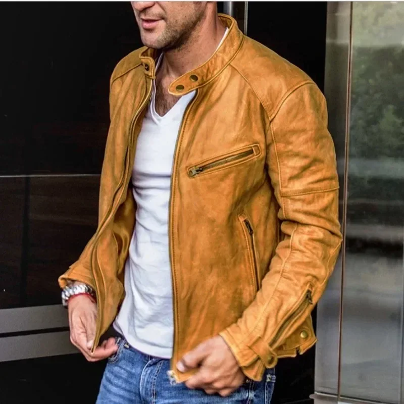 Men's Casual Zipper Button Jacket Autumn Winter Vintage Faux Leather PU Jacket Men's Long Sleeve Stand Collar Motorcycle Jacket