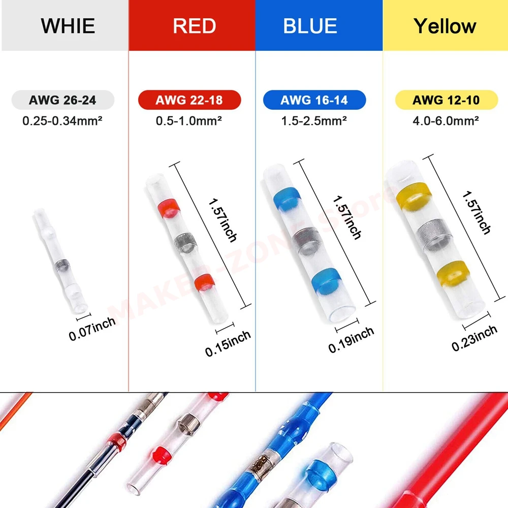 Waterproof Solder Seal Heat Shrink Wire Connectors Electrical Butt Terminals 10AWG-26AWG 50Pcs AWG 12-10 16-14 22-18 26-24 wire connectors wiring connector