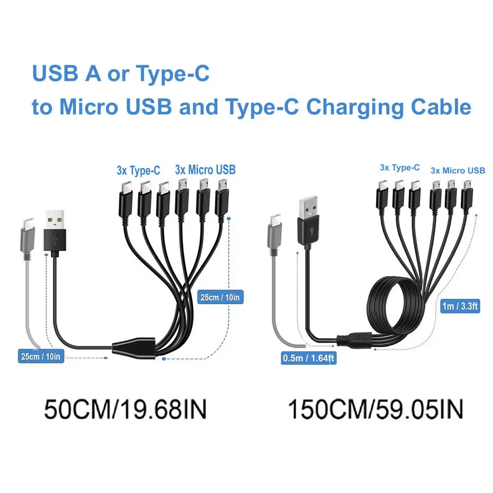 6 v 1 mikro usb/type C rozbočovač kabel 3 v 1 USB na mikro usb/type C charing kabel pro iphone15 Android Samsung tablet a různí