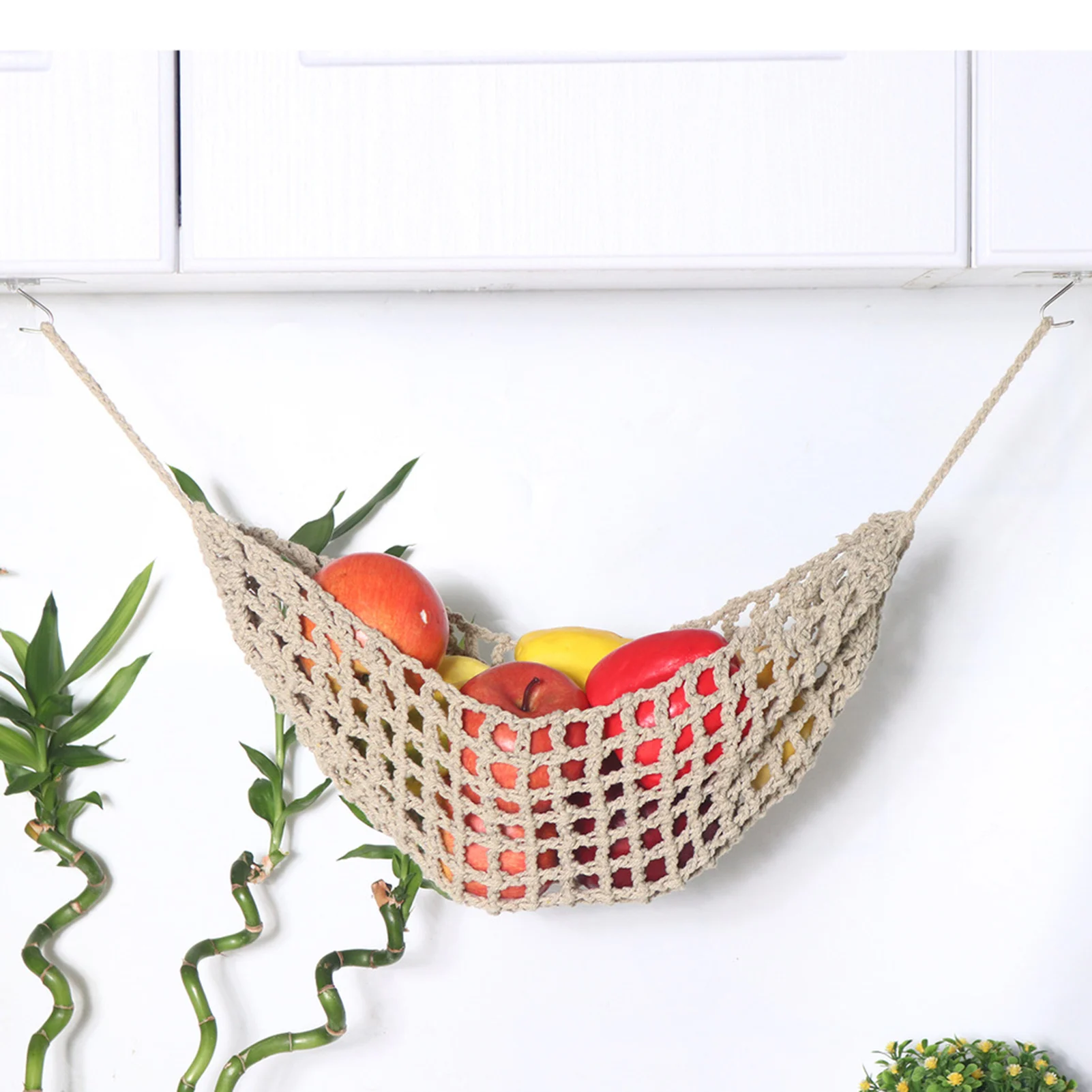 Fruit Hammock for Kitchen Under Cabinet Fruit Basket Hanging Handwoven Cotton Macrame Basket Boho Decor Storage for Home Camper