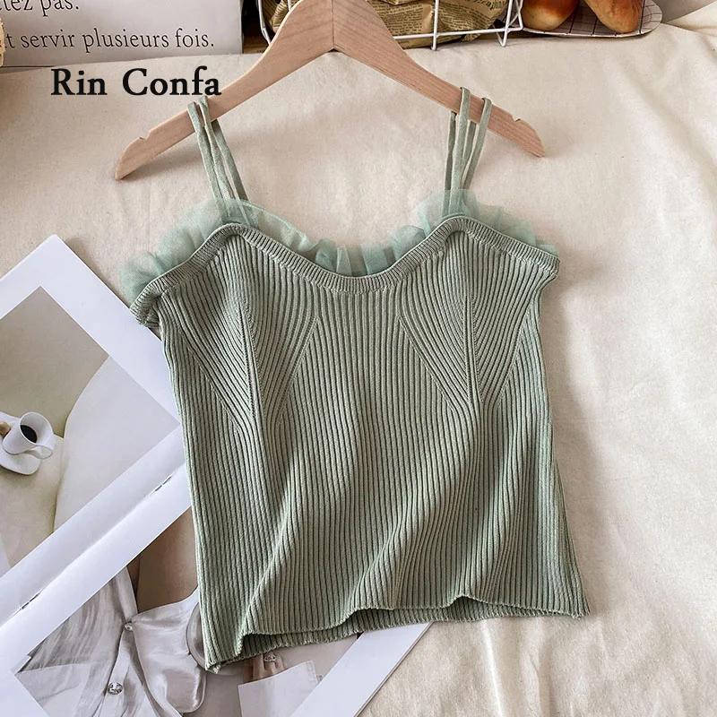 

Rin Confa Chiffon Neck Shoulder Strap Sexy Top Women Summer Chic Pure Colour Y2k Clothes Lace Join Together Knitting Vest Top