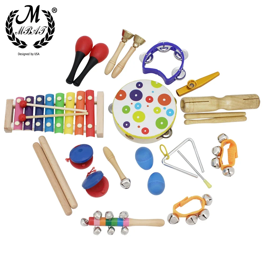 M MBAT 19Pcs Toddler Musical Instruments Set Kid Toys Handbell Tambourine Baby Early Education Tools Birthday Gifts Random Color