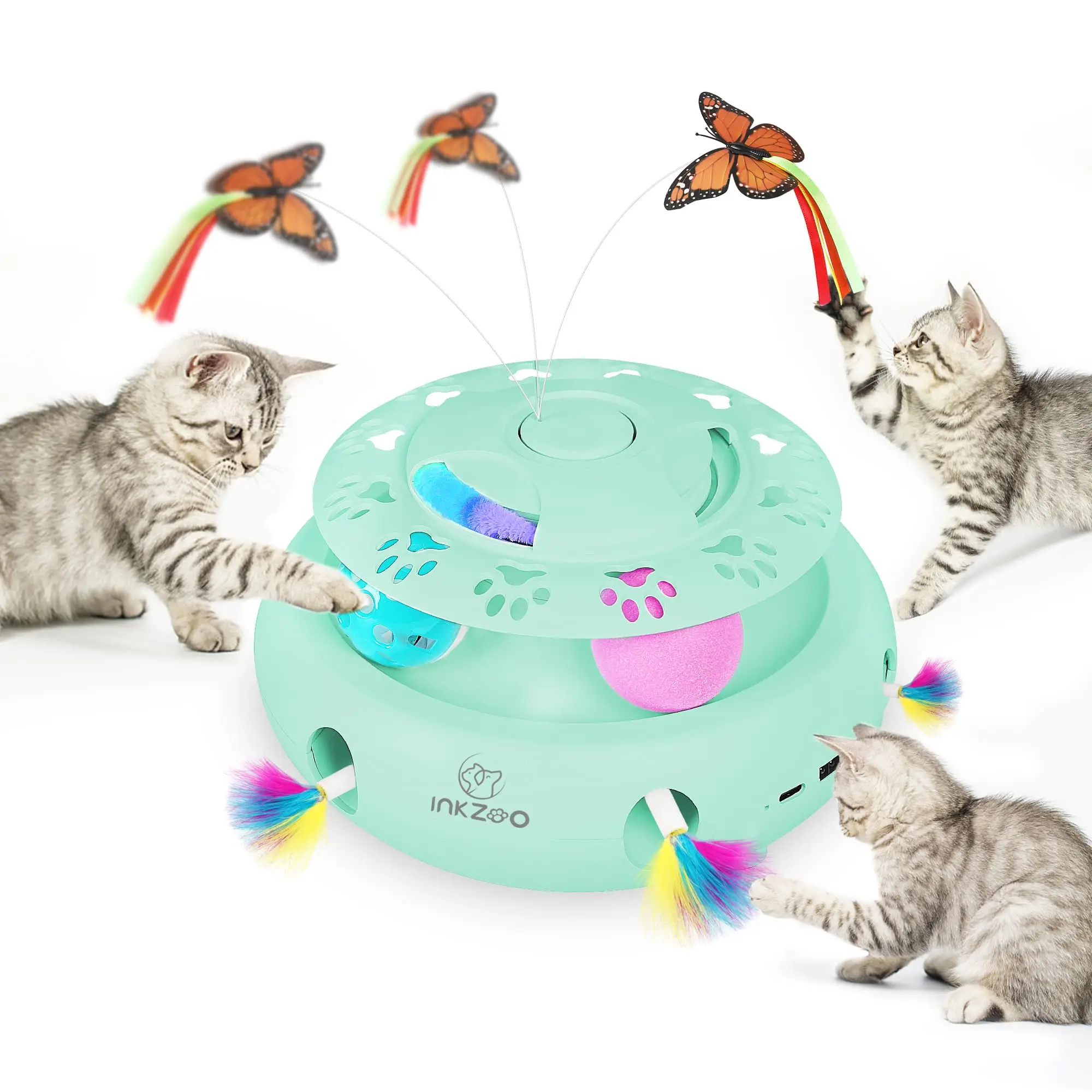 

INKZOO 4-in-1 Interactive Cat Toys for Indoor Cats, Automatic 6 Holes Mice Whack-A-Mole, Fluttering Butterfly, Track Balls, USB