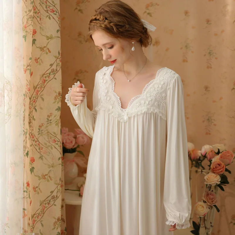 

Princess Nightgown Spring Long Sleeve Modale Cotton Long Court Retro Sexy Fairy Dress Sweet Girl Home