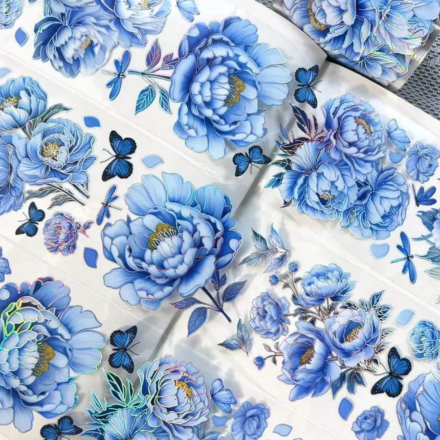 3m/Roll Laser Blue Red Flower PET Tape Decorative Masking Tape Scrapbooking Sticker Journal Aesthetic Stationery 2