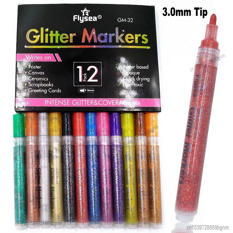 12Pcs Sparkle Color Acrylic Paint Glitter Marker Pen 3.0mm 0.7mm Tip Art Drawing Rock Stone Wood Poster Canvas Ceramic Scrapbook 5