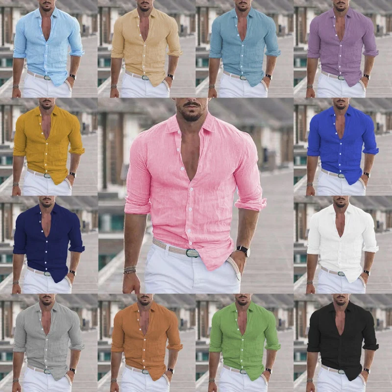 

CIGY-New Men's Summer Cotton Linen Lapel Beach Shirt Long Sleeve Solid Color Hawaiian Holiday Clothing