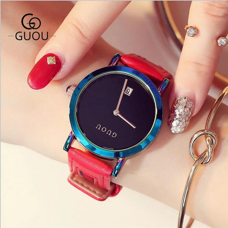 

Fashion Guou Top Brand Wrist Watches Colorful Stainelss Steel & Leather Watch Women Luxury Women's Clock Saat Relogio Feminino