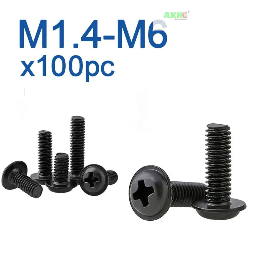

100pcs/lot PWM Black Pan Head Screws with Washer M1.4 M2 M2.5 M3 M 3.5 M4 M5 M6 Fixed Motherboard Screws With Pad DIN967