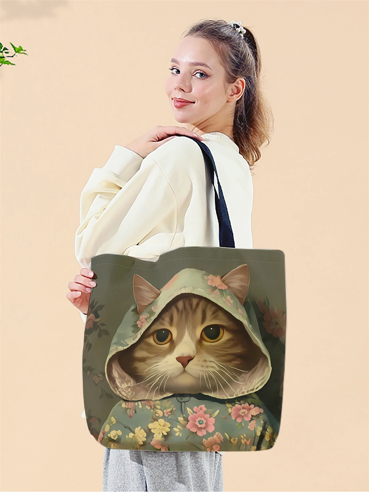 1pc,hoodie cat handbag, reusable fashionable handbag, multifunctional handbag, printed canvas shopping bag