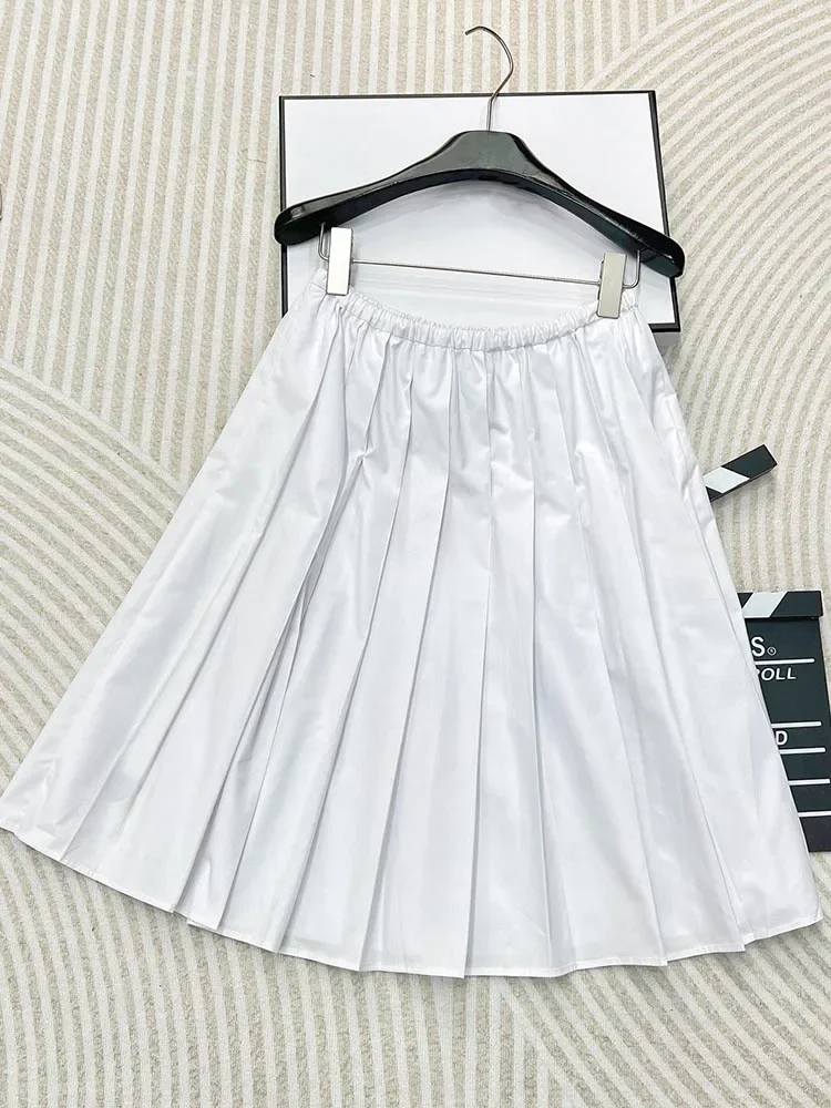 2024 High Quality Beach Holiday Contrast Lapel Sleeveless Short Shirt with Pleated Skirt Suit Embroidered Letter Short Sleeve
