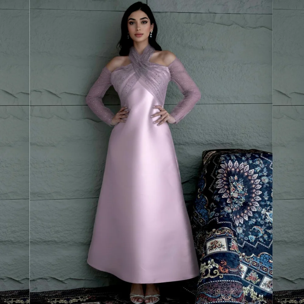 Satin Sequined Ruched Quinceanera A-line Halter Bespoke Occasion Gown Midi Dresses