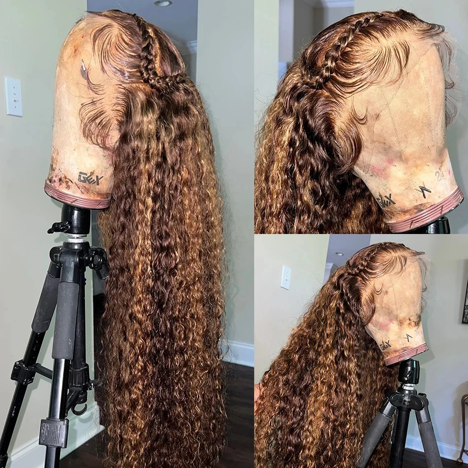 30 32 Inch Highlight Honey Brown Curly Lace Front Human Hair Wigs Brazilian 13x4 Ombre Colored Deep Wave Lace Frontal Wigs Women