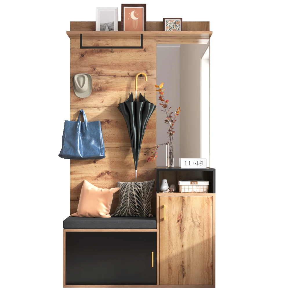 Kleiderschrank-Set, mit 4 Kleiderhaken, Spiegel, Schuhschrank, Flur-Kleiderschrankbank (Bohr- und Locher in der Wand) – Detail 11