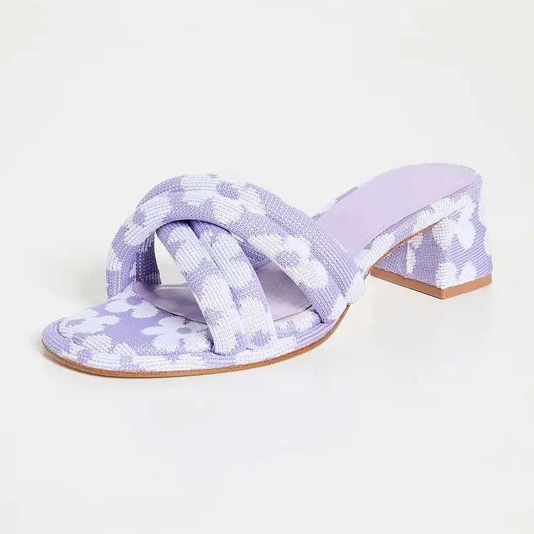 

Purple & White Canvas Open Toe Floral Embroidery Heeled Mules Sandals