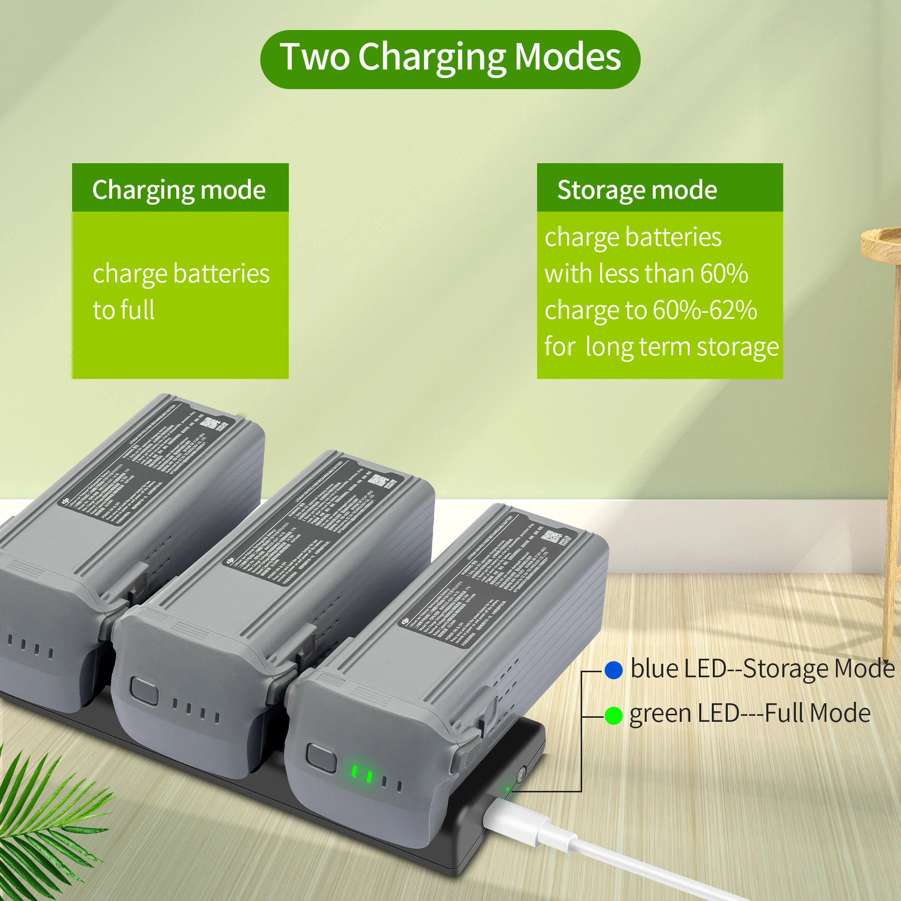 Vue de dessus du chargeur rapide 3 en 1 pour DJI Air 3 et Air 3S, montrant les trois slots de batterie et le logo DJI.