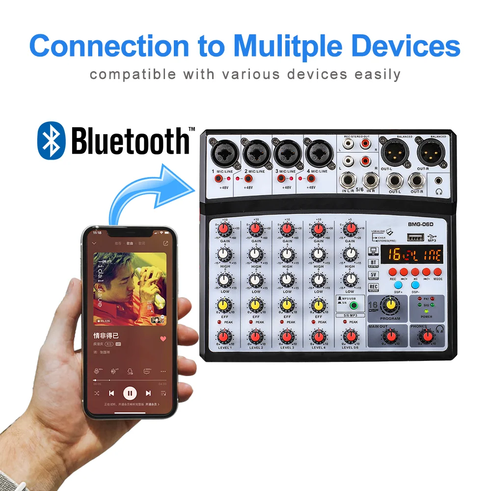 BOMGE Wireless 6 Channel Audio Mixer Portable Mixing Console USB Interface Sound Card With 16 DSP Echo 48V Phantom Power audio mixer