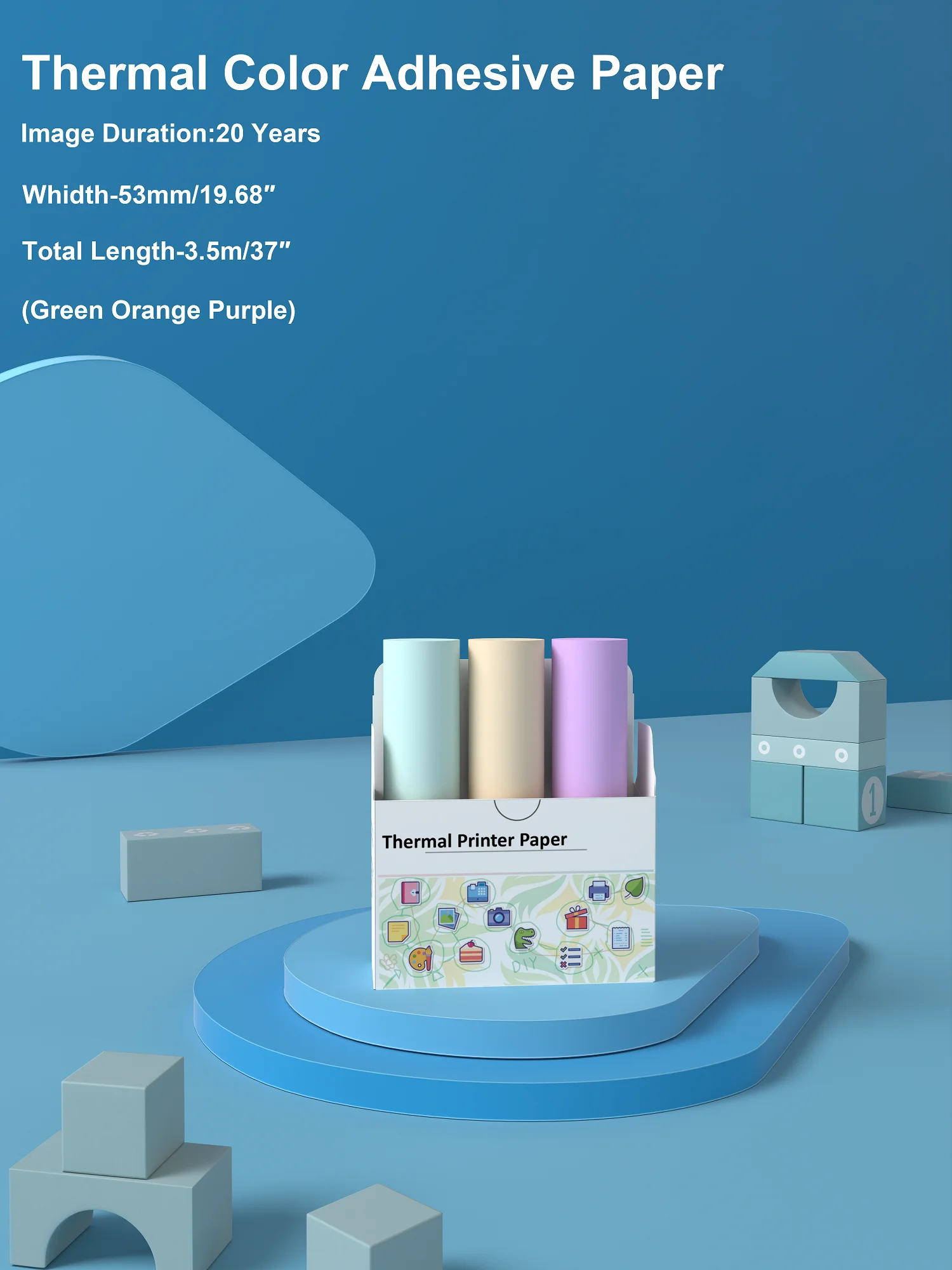 퍼플 그린 오렌지 컬러 감열지 프린터 용지, 학습 및 사무실 아트 DIY 접착 용지, M02 T02 용