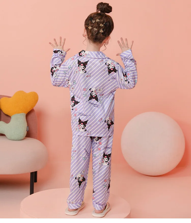 Kawaii Sanrio Pajama Sets Girls Lapel Soft Breathable Print Sleep Costume Gal Causal Comfortable Housewear Autumn Winter 6