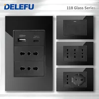DELEFU Black Tempered Glass Italy USB TypeC Fast Charging Wall Socket Schuko Tuya Wifi Smart Switch Sat TV Tel Doorbell Chile