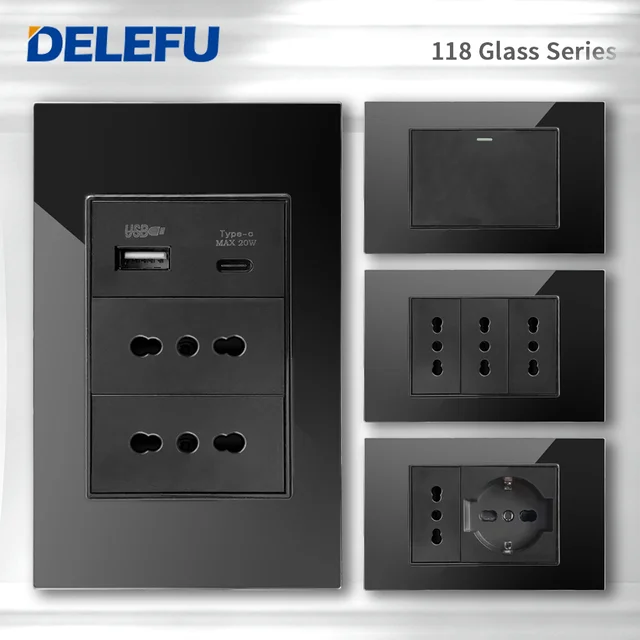 DELEFU Black Tempered Glass Italy USB TypeC Fast Charging Wall Socket Schuko Tuya Wifi Smart Switch Sat TV Tel Doorbell Chile
