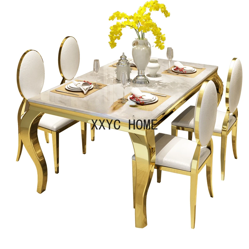 

Nordic Mild Luxury Marble Dining Table Rectangular Large and Small Apartment Type Simple Stainless Steel Dining TablesChairs Set