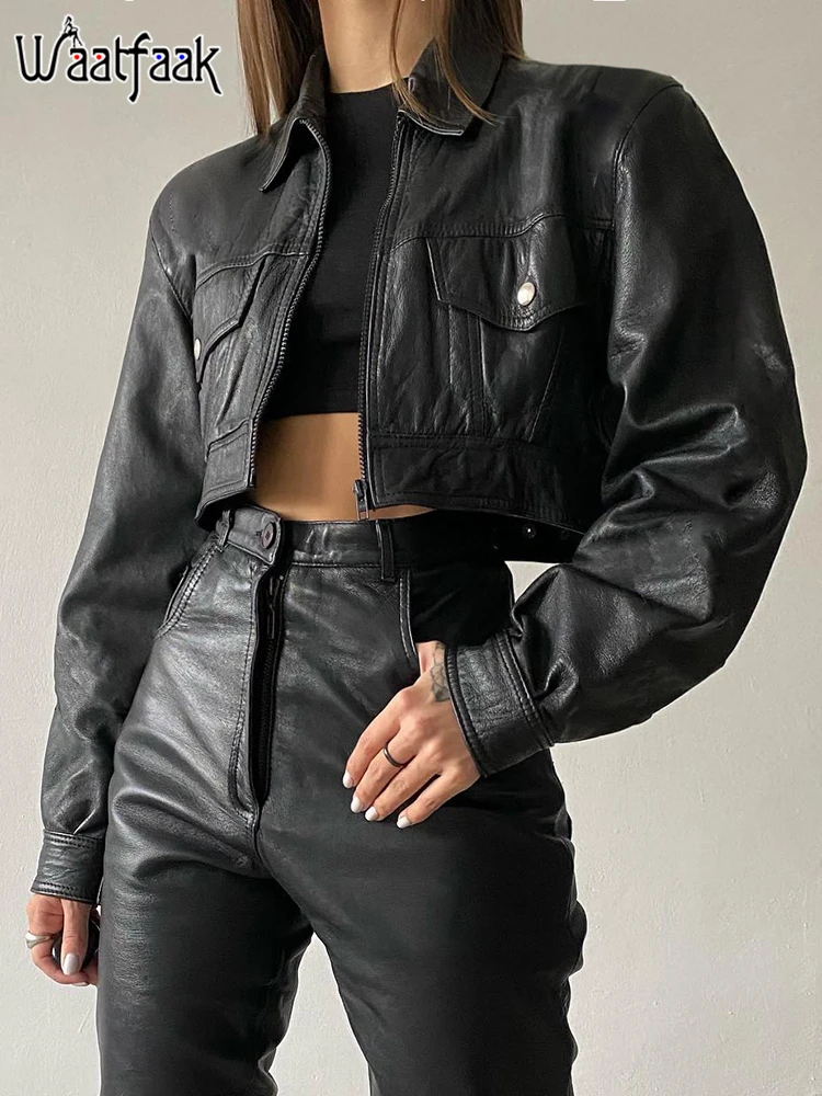 

Waatfaak Moterbike Punk Faux Leather Jacket Women Crop Vintage Pockets Dark Academia Zip Up Streetwear Pockets Coat Zip Up Goth