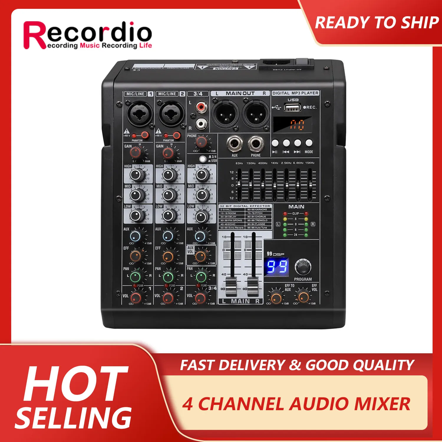 GAX-TDS4 4 Channels Audio Mixer 99 Effects 7 Band EQ USB PC